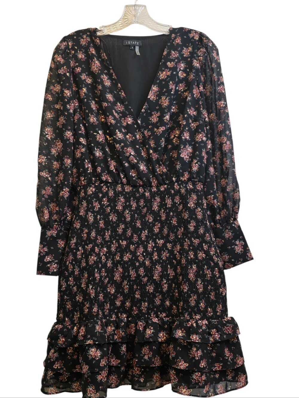 1. State  Long Sleeve V-Neck Ruffled Floral Smocked Skirt Dress Size S EUC